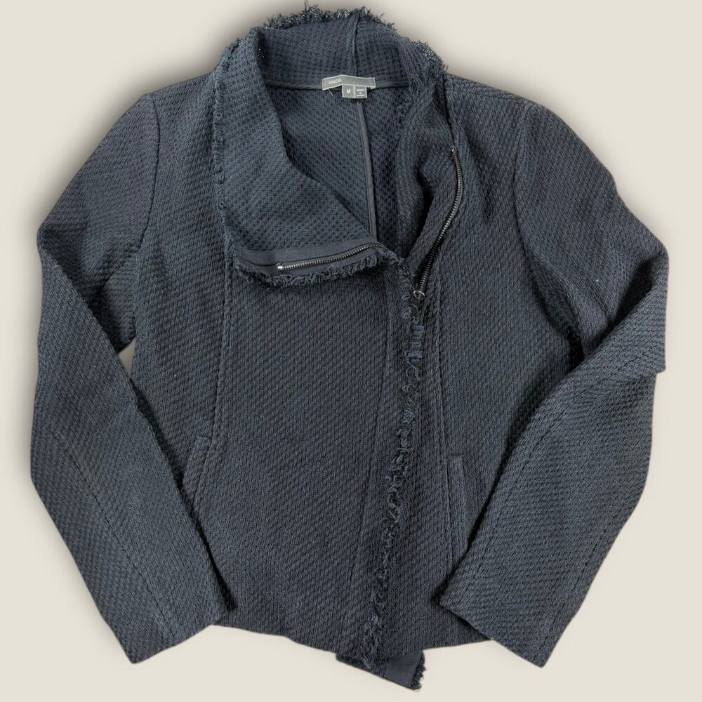 Vince Jacket Medium Black Tweed Moto Asymmetrical Zip‎ Fringe Cotton Blend M